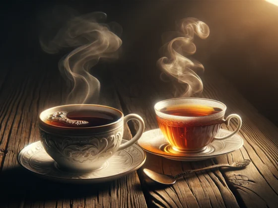 A steaming mug of coffee next to a delicate cup of tea, symbolizing the age-old debate.