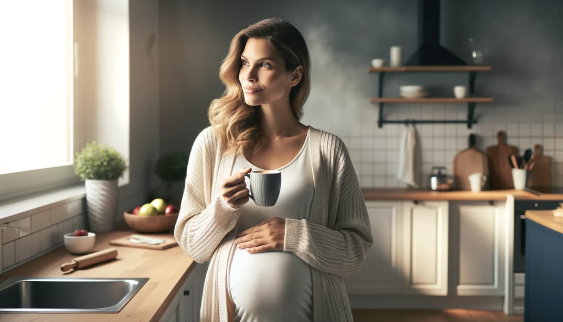 A pregnant woman contemplating a cup of coffee, symbolizing the balance between enjoyment and health.