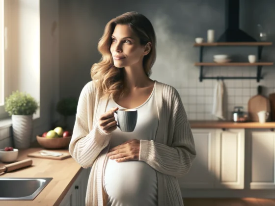 A pregnant woman contemplating a cup of coffee, symbolizing the balance between enjoyment and health.